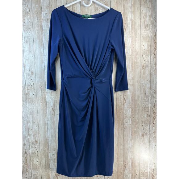 Lauren Ralph Lauren Ruched Dress‎ Womens 10 Long Sleeve Twist Front Slim Fit - Picture 1 of 8